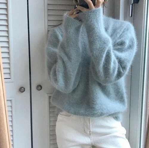 Mohair Women Knitted Sweater Jumpers Autumn Winter Mink Cashmere Soft Warm Long Sleeve All-Match Pullovers Mujer