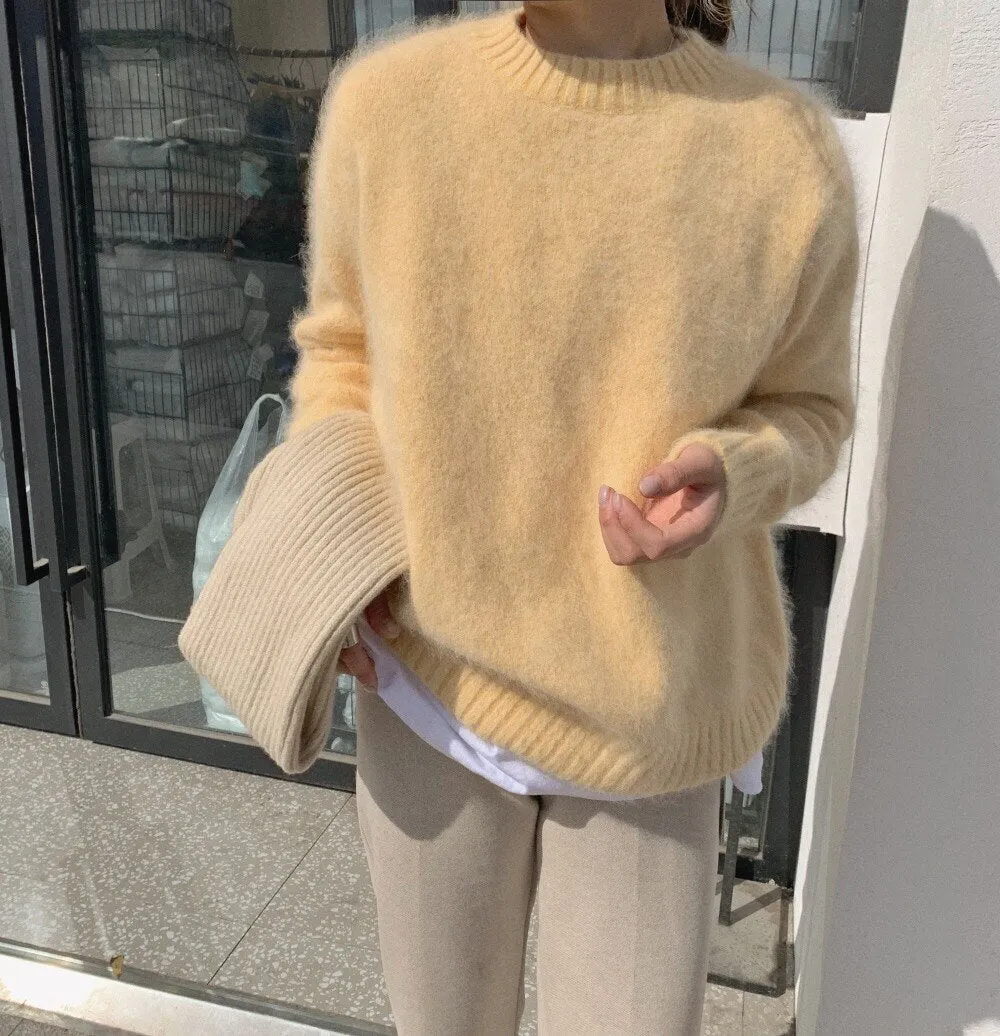 Mohair Women Knitted Sweater Jumpers Autumn Winter Mink Cashmere Soft Warm Long Sleeve All-Match Pullovers Mujer