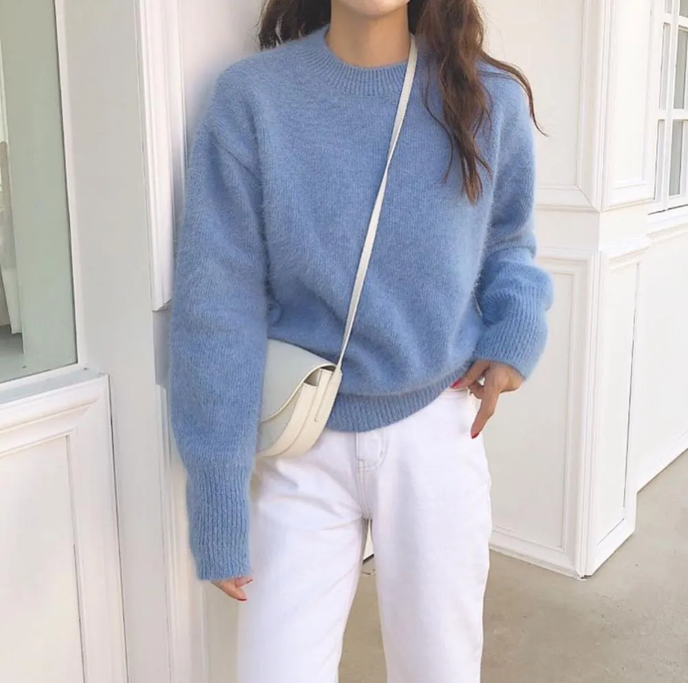 Mohair Women Knitted Sweater Jumpers Autumn Winter Mink Cashmere Soft Warm Long Sleeve All-Match Pullovers Mujer