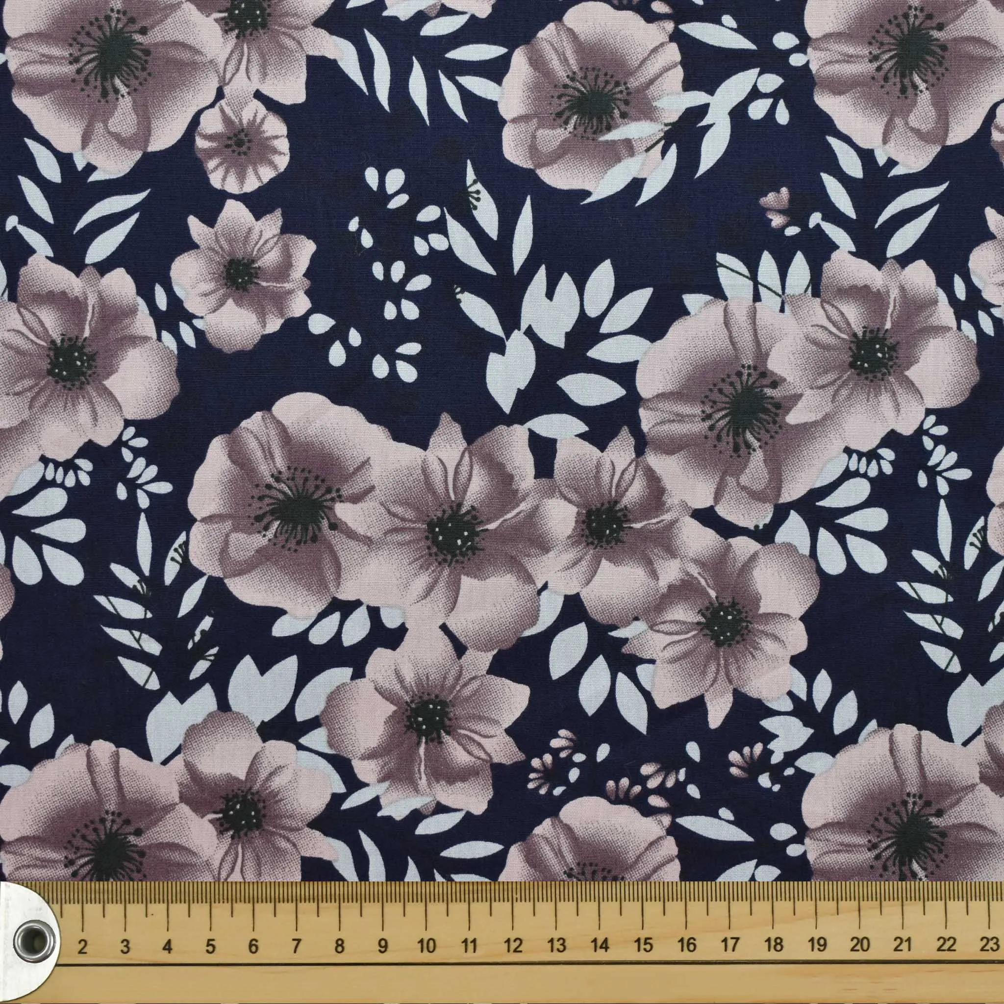 Navy Mauve Poppies Cotton Print