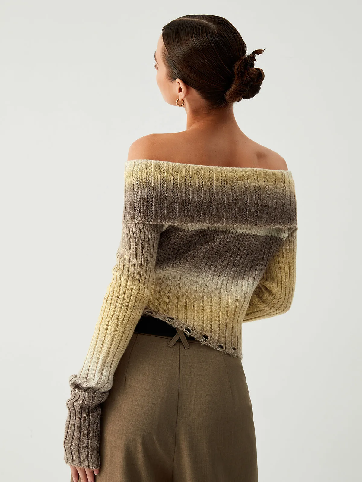 Ombre Off Shoulder Trendy Ripped Hem Knit Top