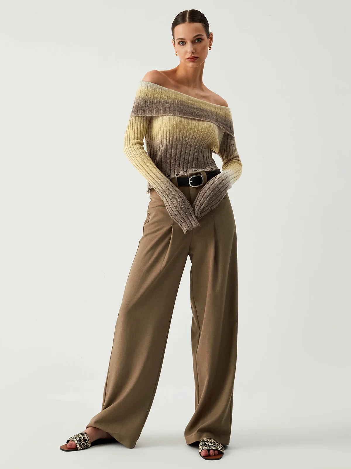Ombre Off Shoulder Trendy Ripped Hem Knit Top