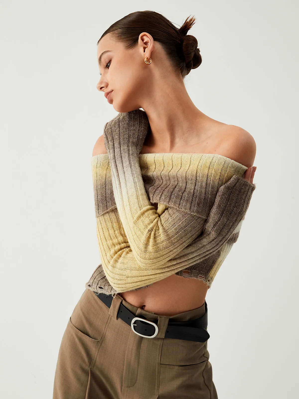 Ombre Off Shoulder Trendy Ripped Hem Knit Top