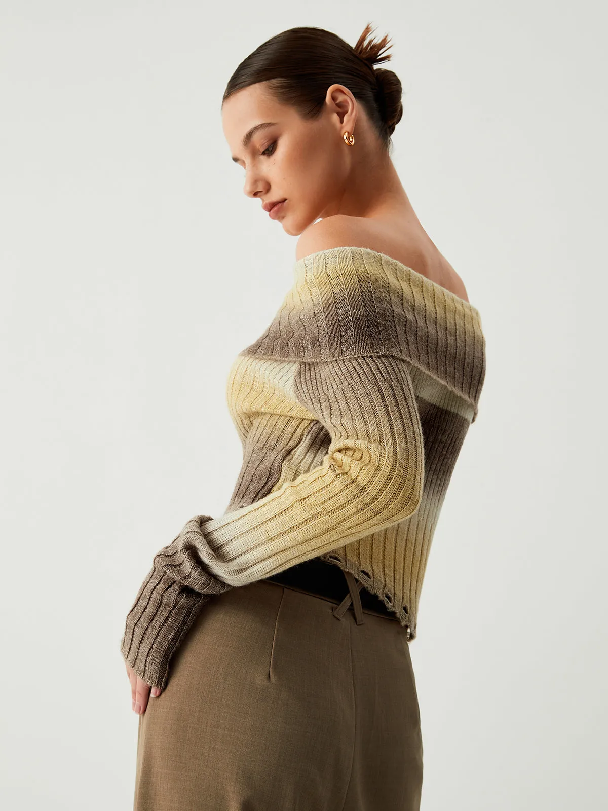Ombre Off Shoulder Trendy Ripped Hem Knit Top