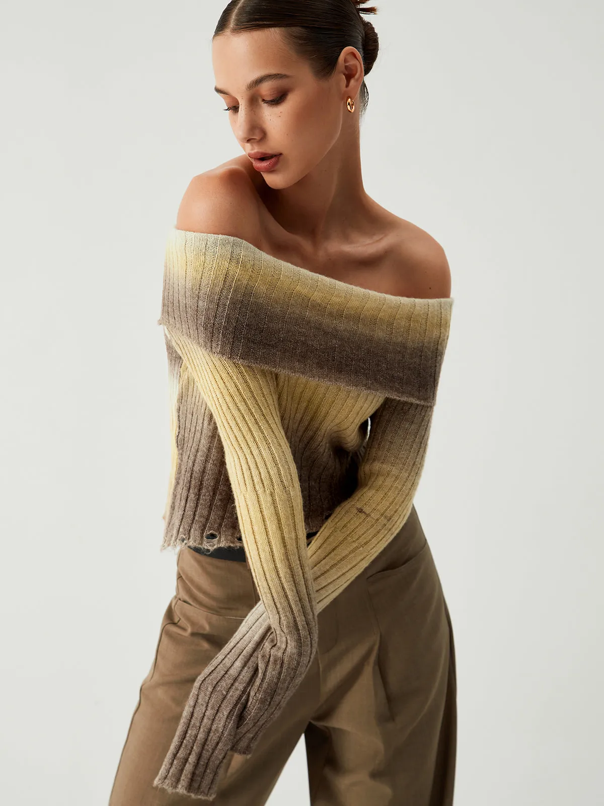 Ombre Off Shoulder Trendy Ripped Hem Knit Top