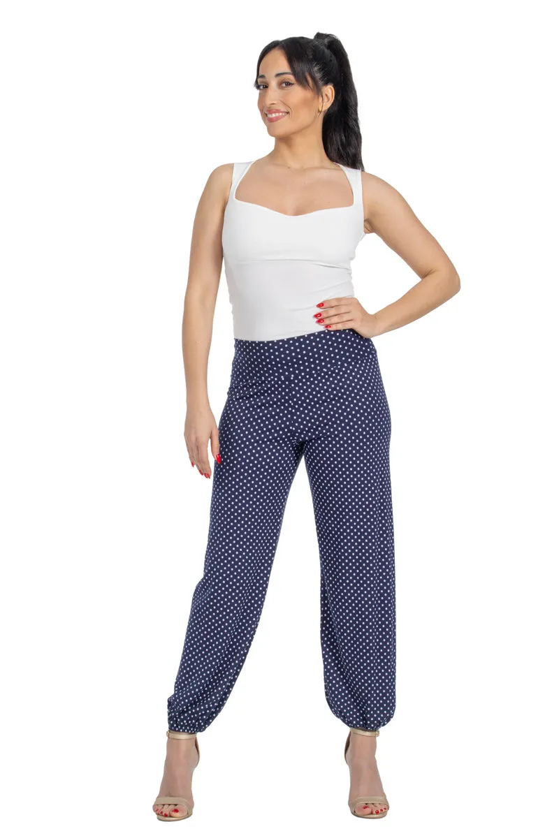 Polka Dot Gathered Harem Style Tango Pants (S) (Dark Blue Polka Dot)