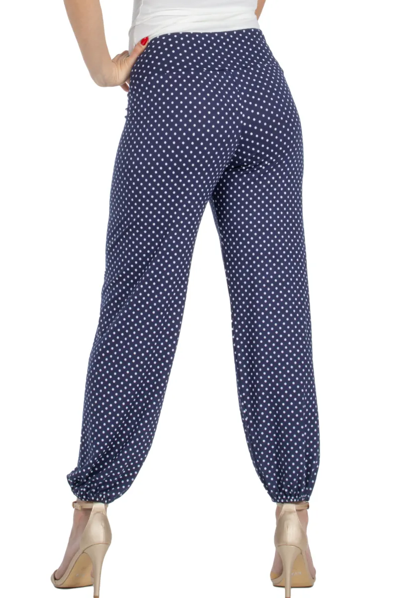 Polka Dot Gathered Harem Style Tango Pants (S) (Dark Blue Polka Dot)