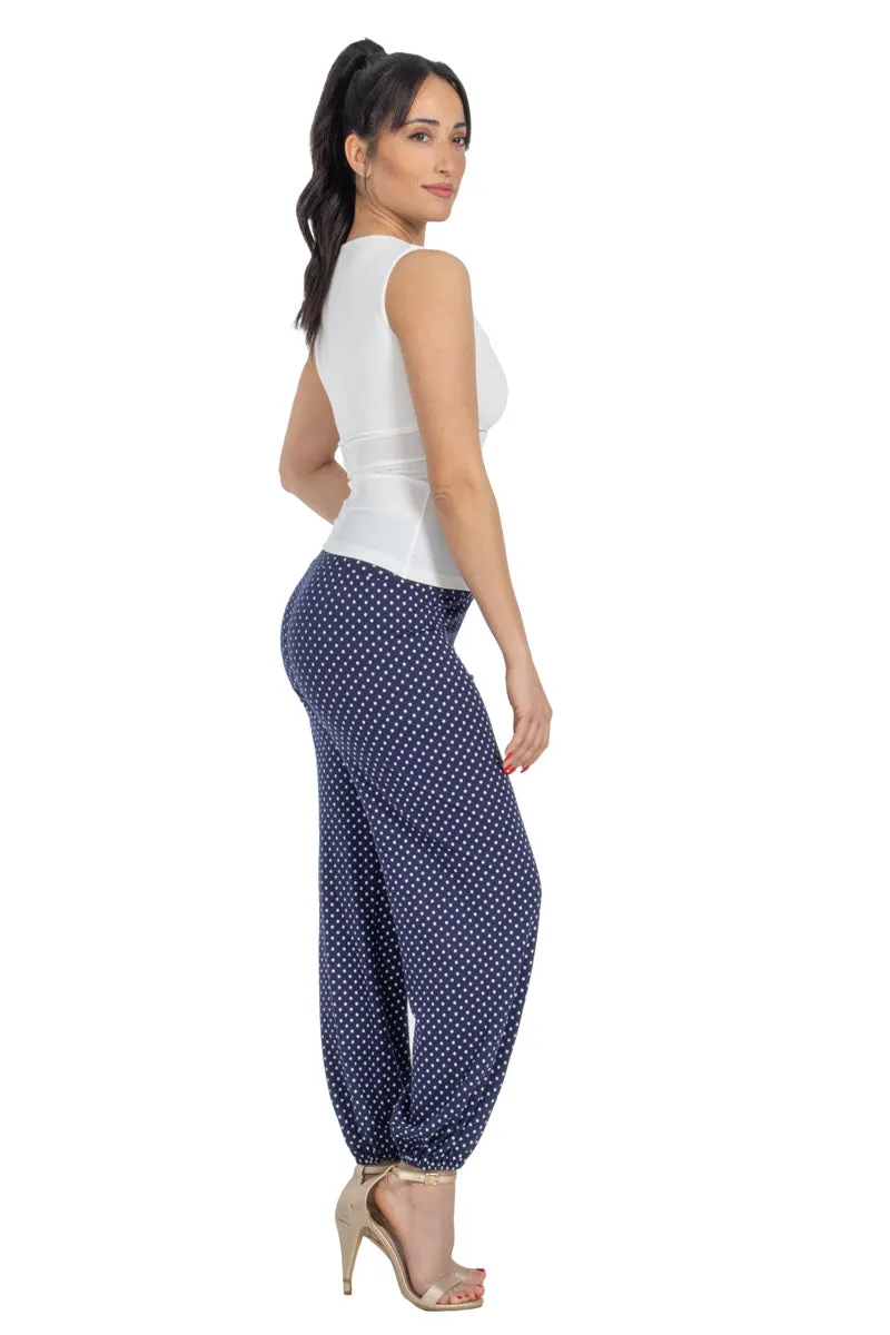 Polka Dot Gathered Harem Style Tango Pants (S) (Dark Blue Polka Dot)