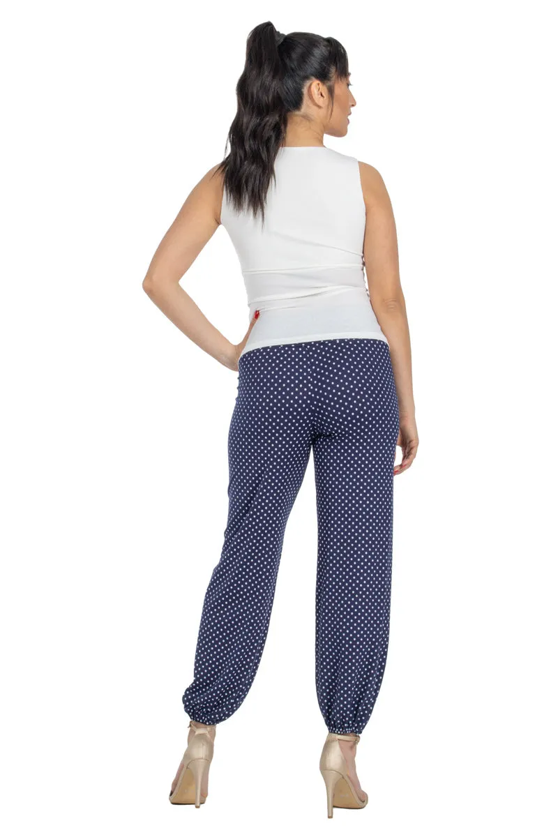 Polka Dot Gathered Harem Style Tango Pants (S) (Dark Blue Polka Dot)