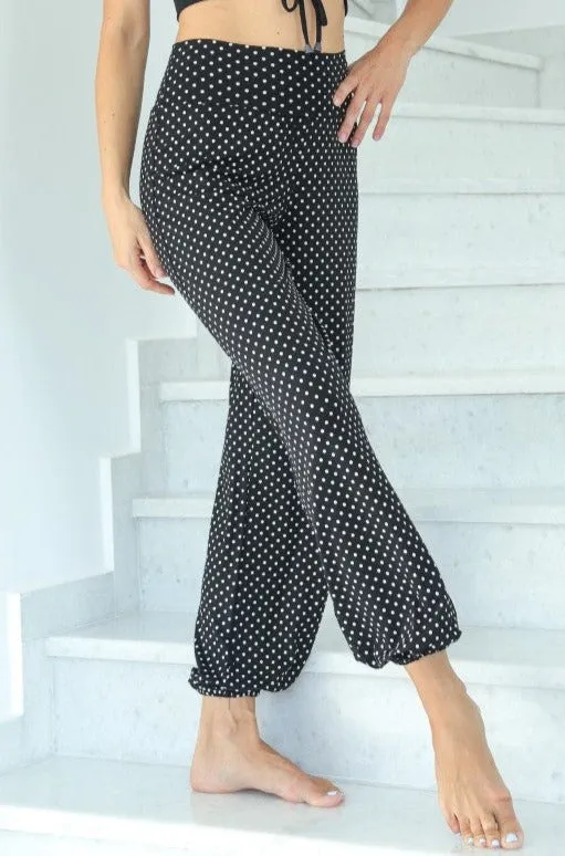 Polka Dot Gathered Harem Style Tango Pants (S) (Dark Blue Polka Dot)
