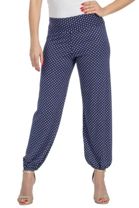 Polka Dot Gathered Harem Style Tango Pants (S) (Dark Blue Polka Dot)