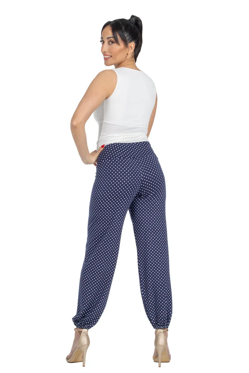 Polka Dot Gathered Harem Style Tango Pants (S) (Dark Blue Polka Dot)