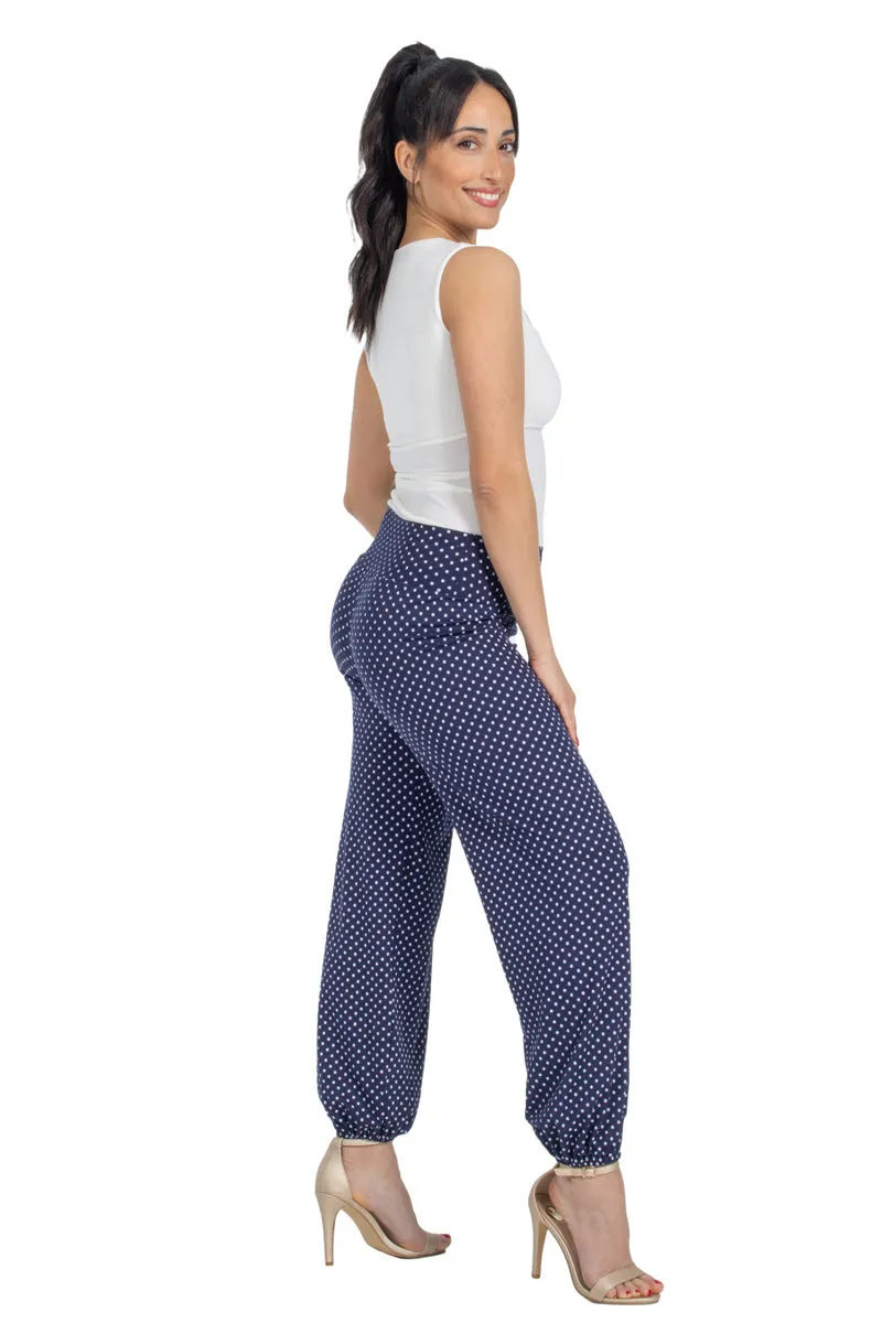 Polka Dot Gathered Harem Style Tango Pants (S) (Dark Blue Polka Dot)