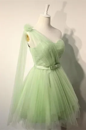 Pretty Elegant Sage Short One Shoulder Tulle Homecoming Dresses With Belt PFB0074