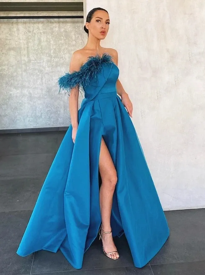 Promfast A Line Blue Floor Length Satin Prom Dresses Formal Evening Dresses PFP1878