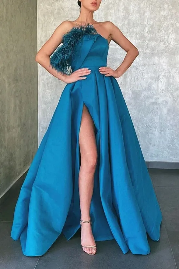 Promfast A Line Blue Floor Length Satin Prom Dresses Formal Evening Dresses PFP1878