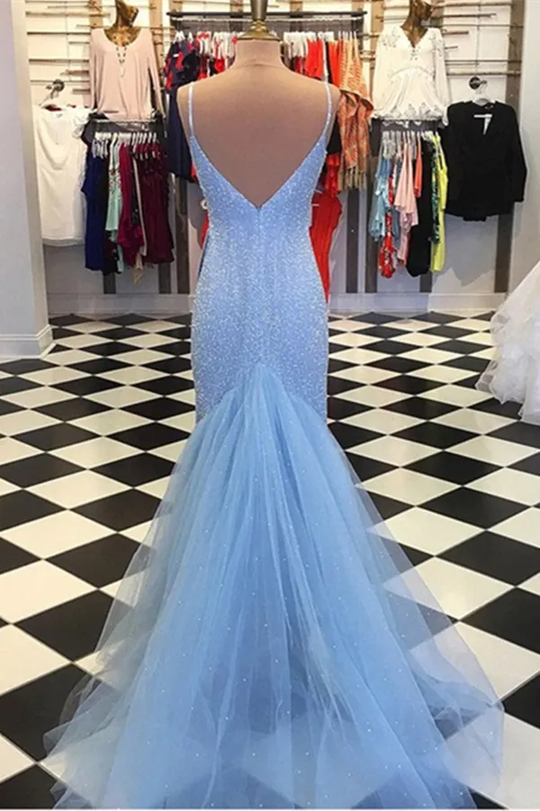 Promfast Backless Mermaid V Neck Light Blue Prom Dresses, Formal Dresses PFP1991