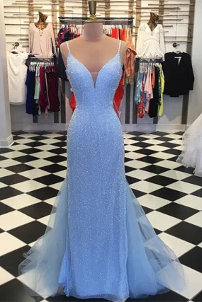 Promfast Backless Mermaid V Neck Light Blue Prom Dresses, Formal Dresses PFP1991