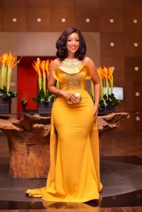 Promfast Elegant Yellow Beaded Mermaid Evening Dresses, African Attire Dresses PFP1986