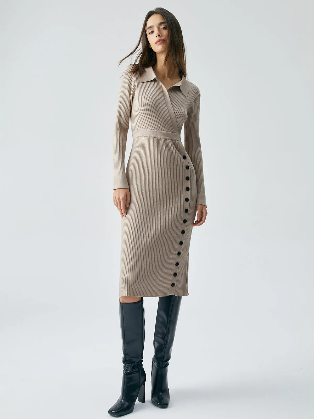 Ribbed Knit Contrast Trim Modern Collared Sweater Midi Dress
