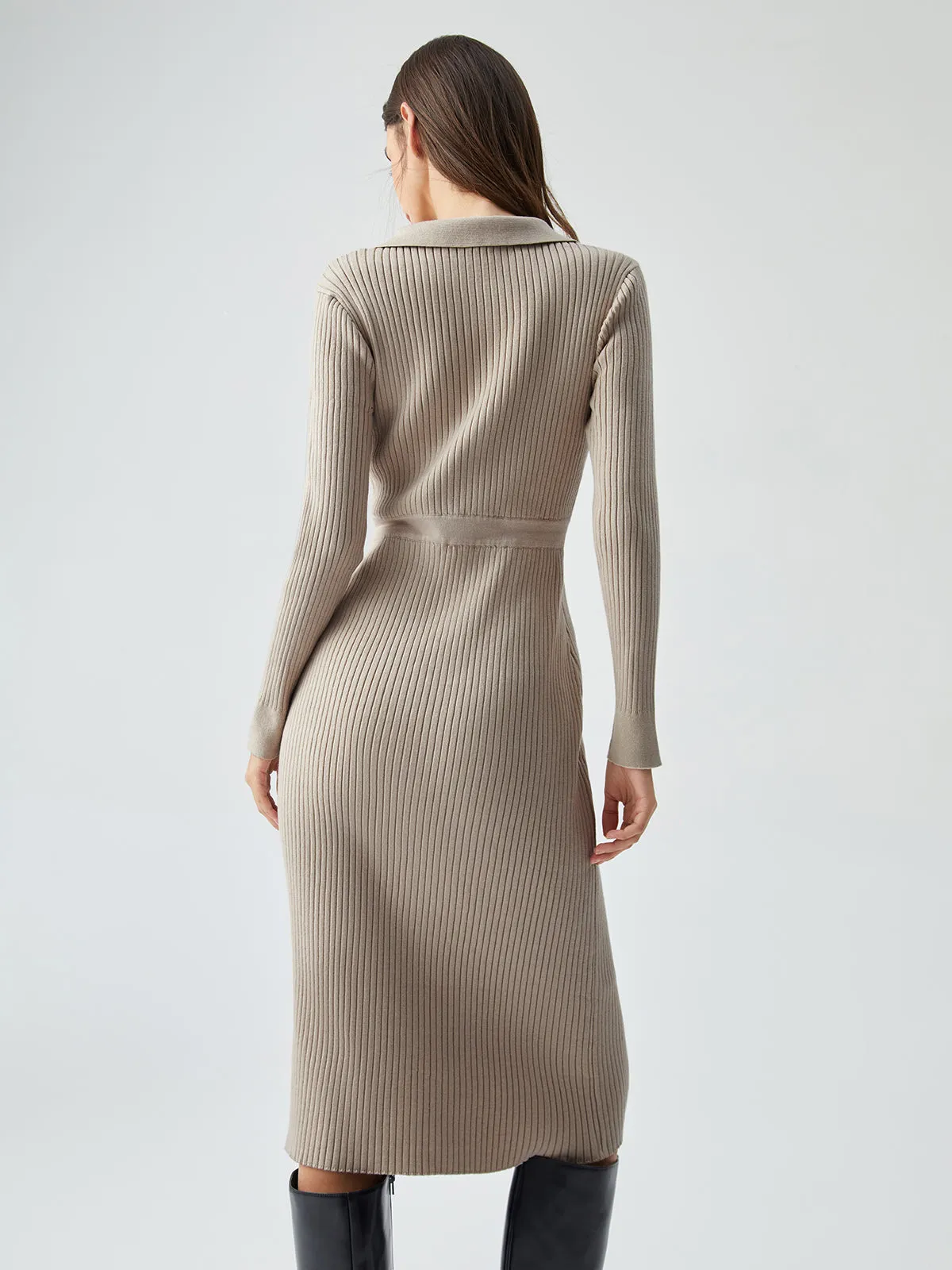 Ribbed Knit Contrast Trim Modern Collared Sweater Midi Dress