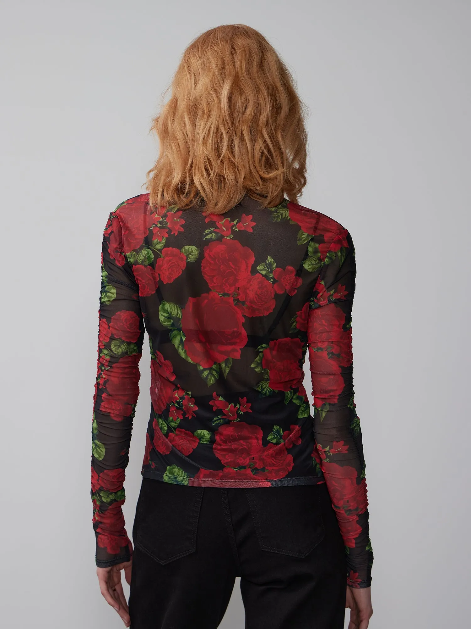 Ruched Mesh Button Front Floral Top
