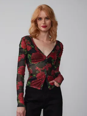 Ruched Mesh Button Front Floral Top