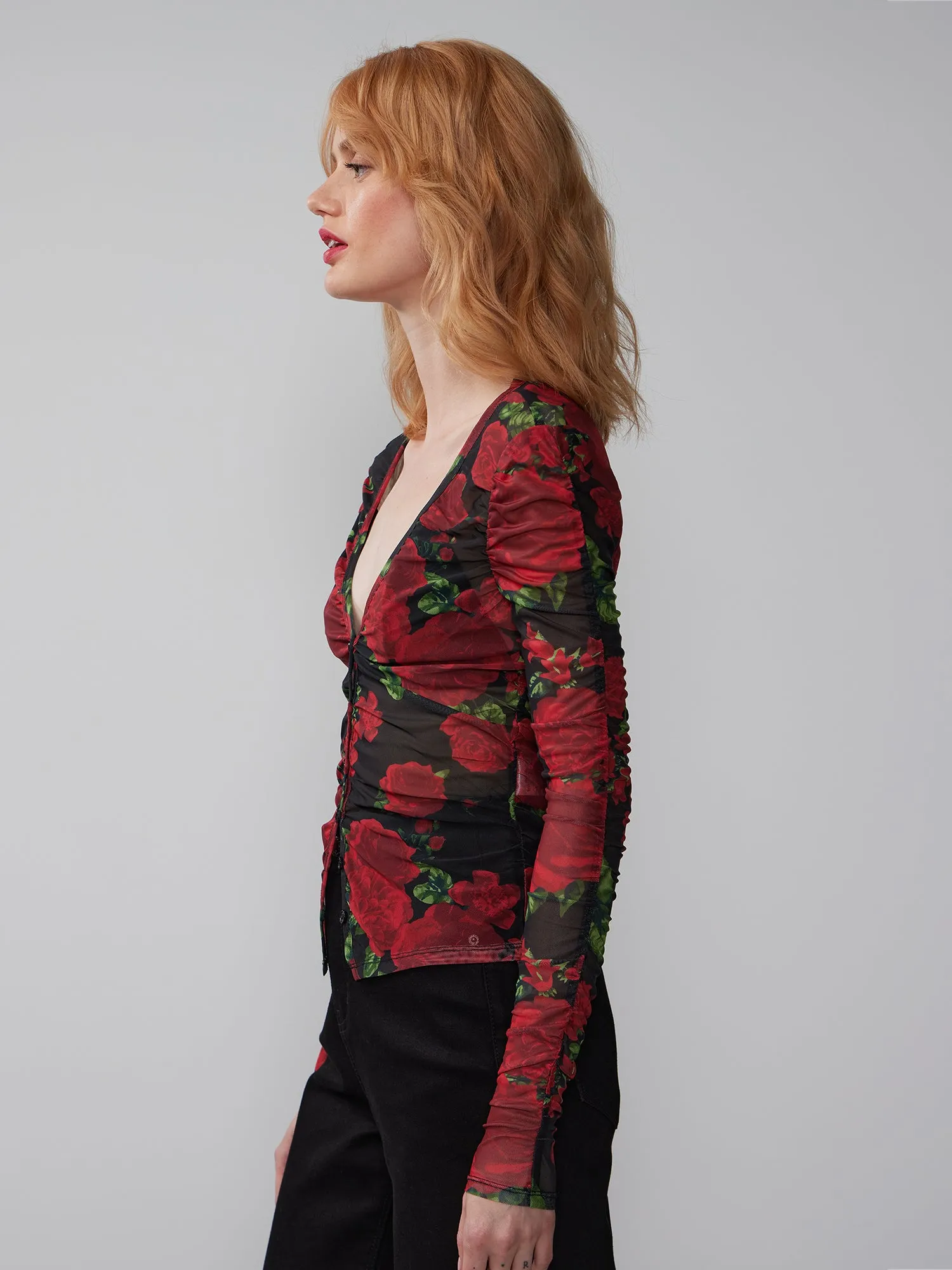 Ruched Mesh Button Front Floral Top