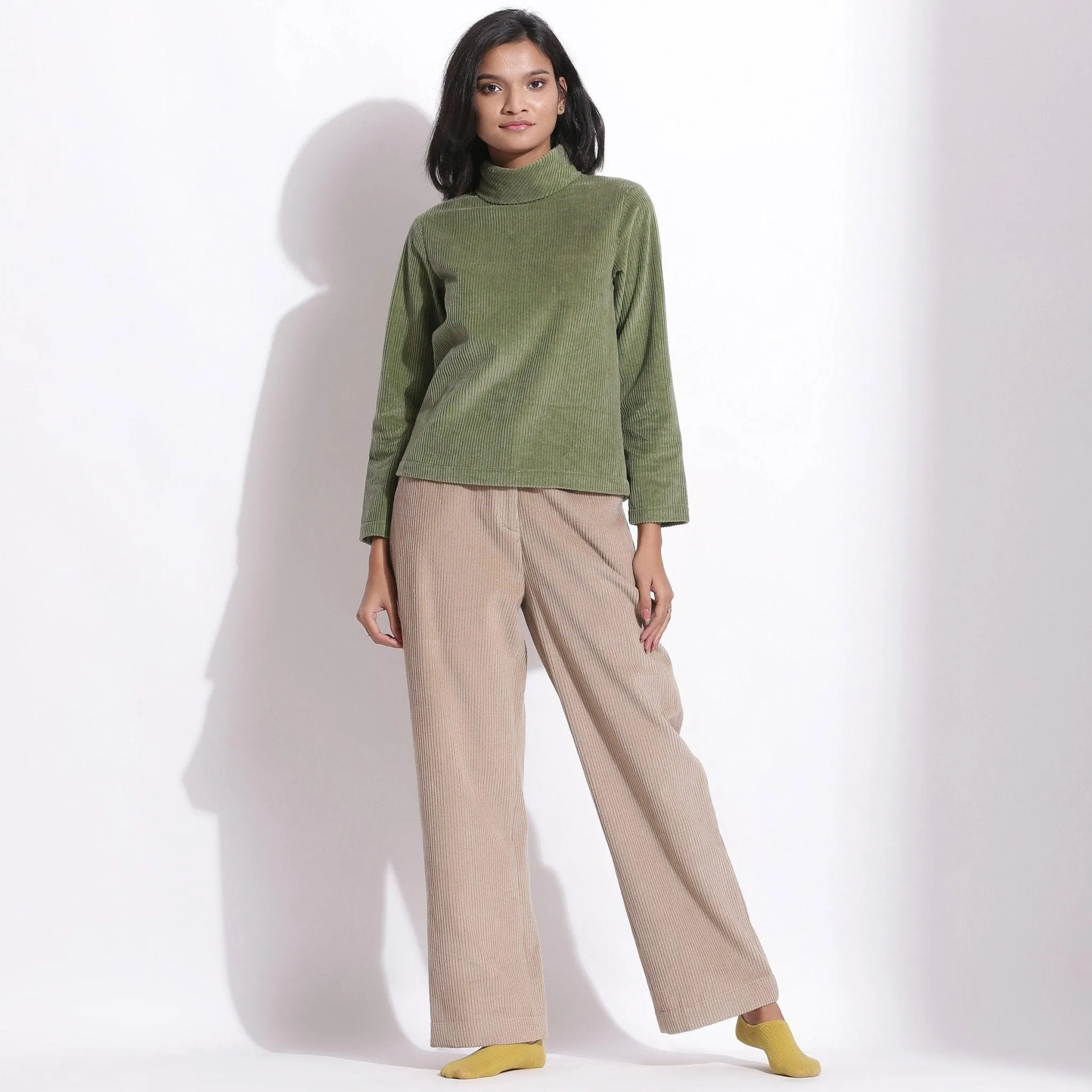 Sage Green Warm Cotton Corduroy High Neck Top