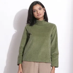 Sage Green Warm Cotton Corduroy High Neck Top