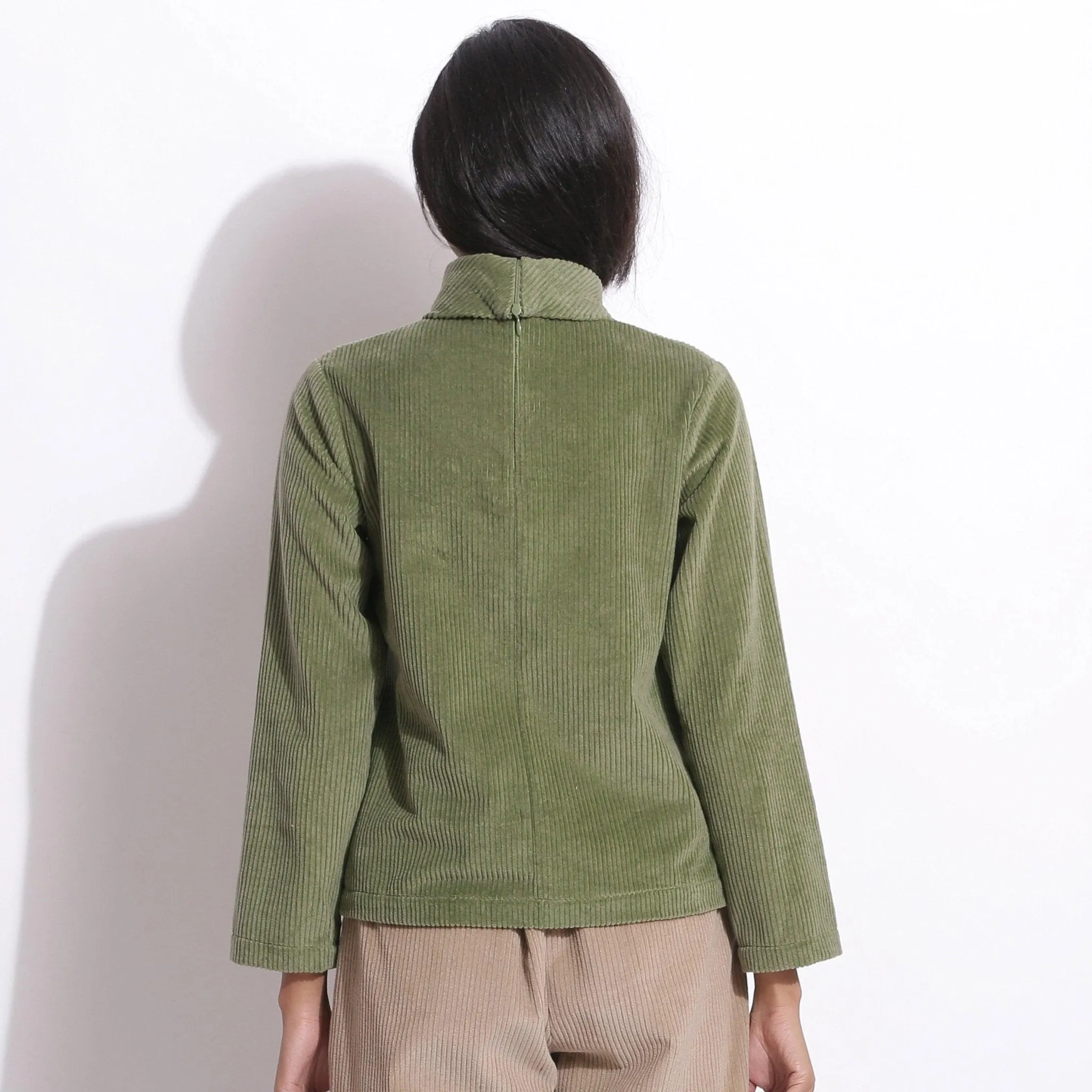 Sage Green Warm Cotton Corduroy High Neck Top