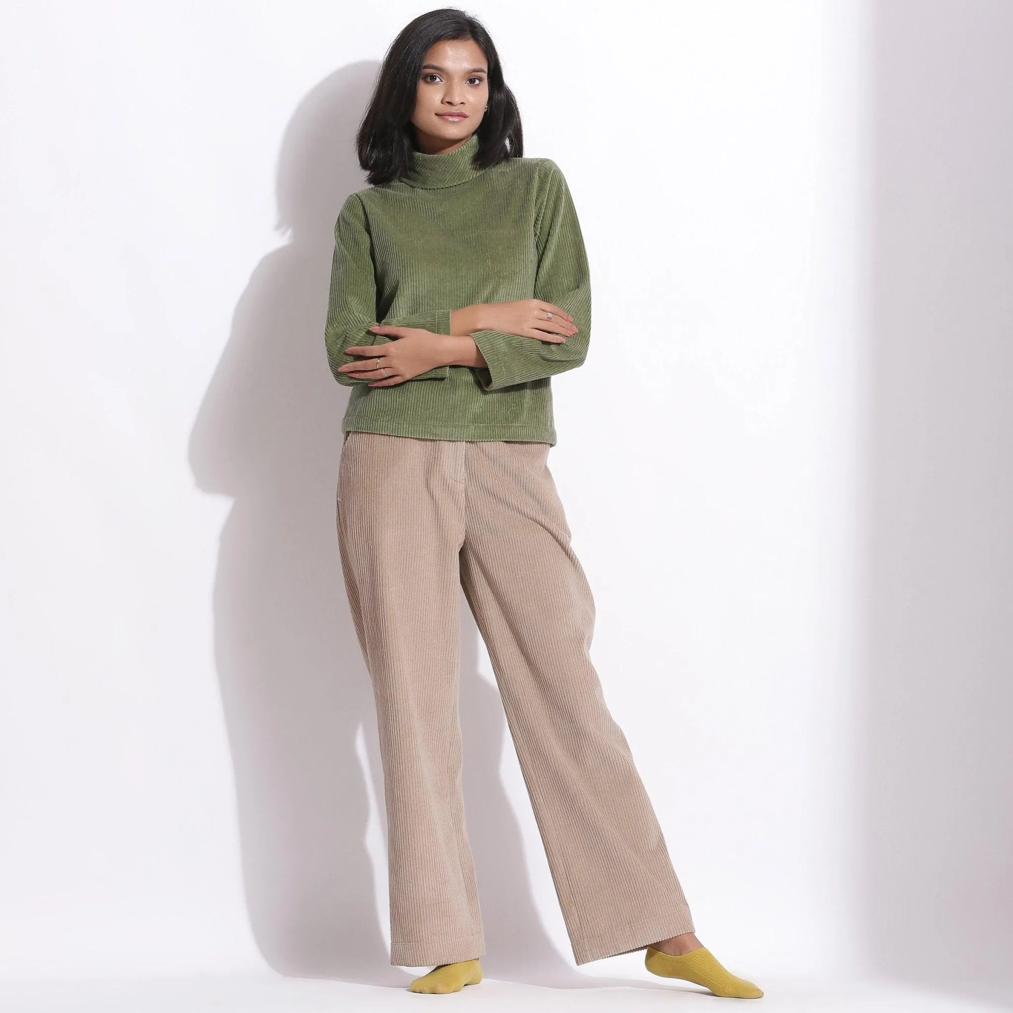 Sage Green Warm Cotton Corduroy High Neck Top