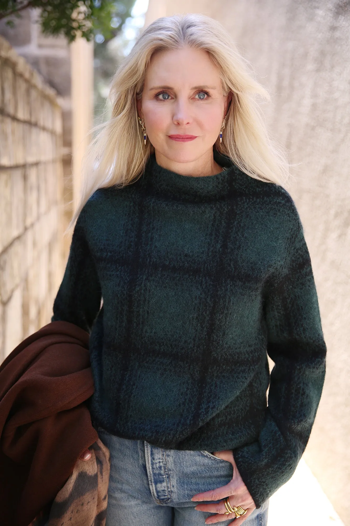 Shadow Plaid Funnel Neck Sweater Juniper Combo