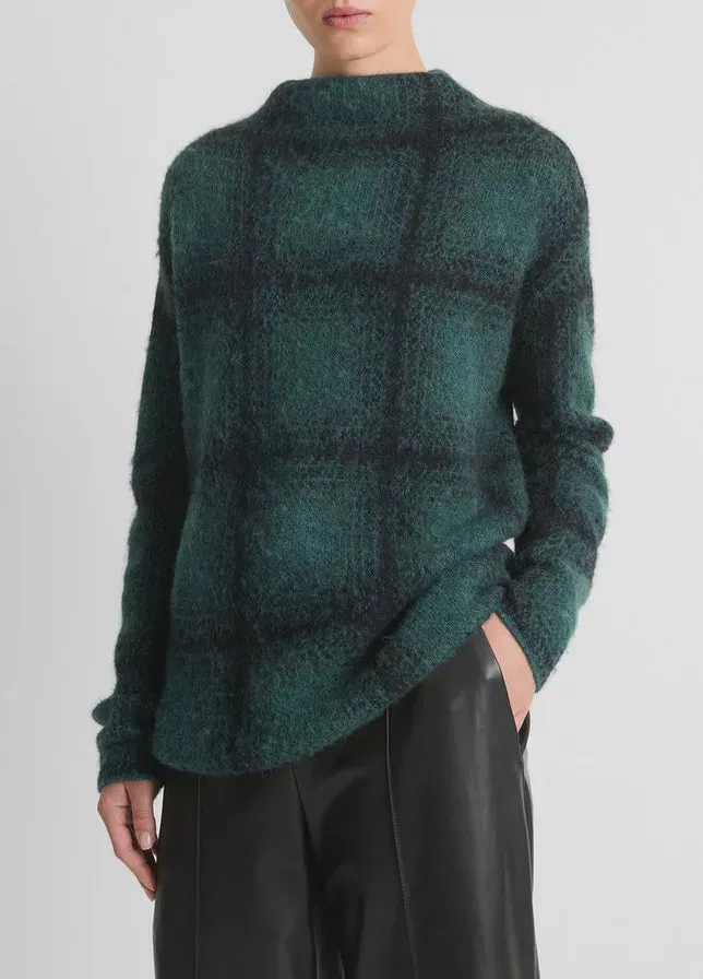 Shadow Plaid Funnel Neck Sweater Juniper Combo