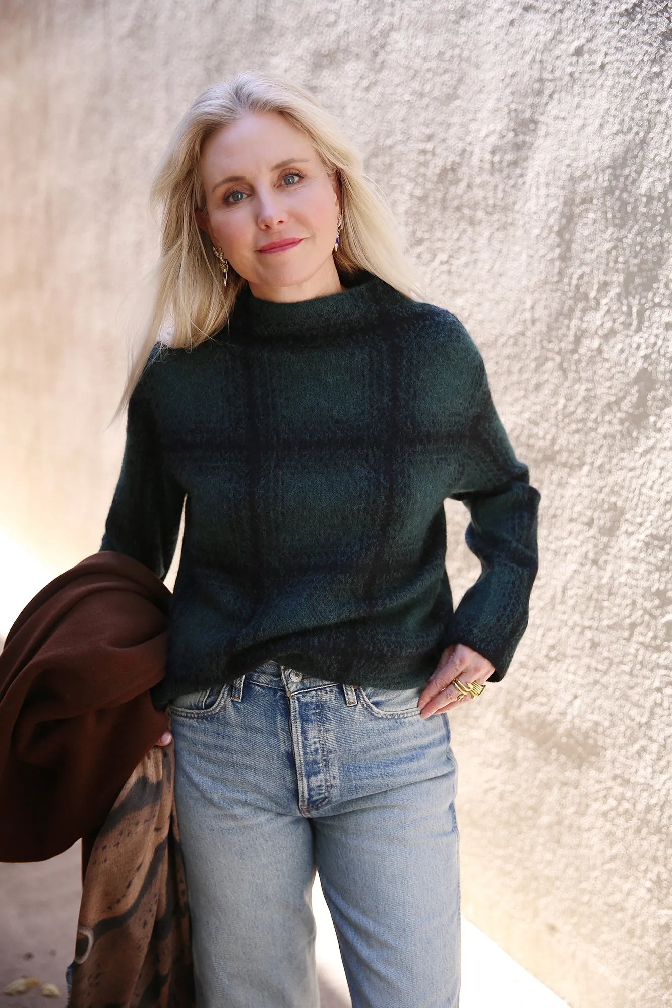 Shadow Plaid Funnel Neck Sweater Juniper Combo