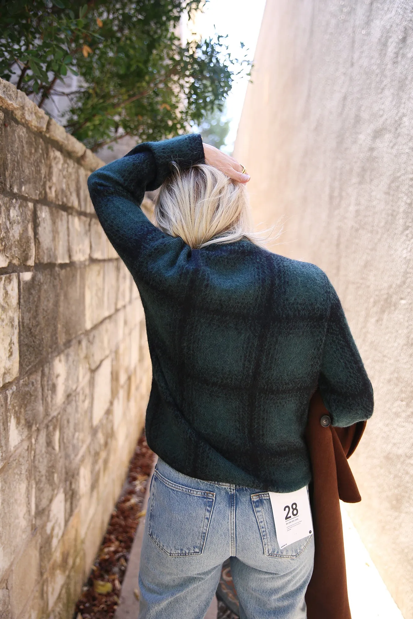 Shadow Plaid Funnel Neck Sweater Juniper Combo