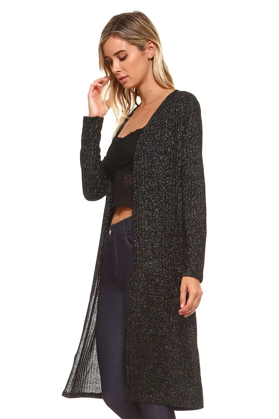 Shimmer Lurex Open-Front Ribbed Cardigan