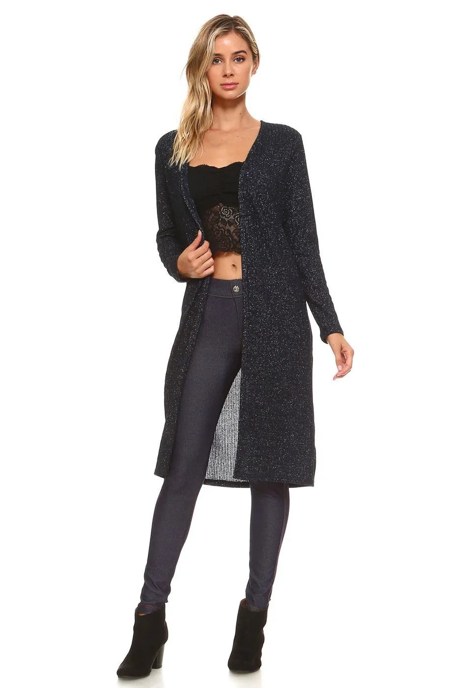 Shimmer Lurex Open-Front Ribbed Cardigan