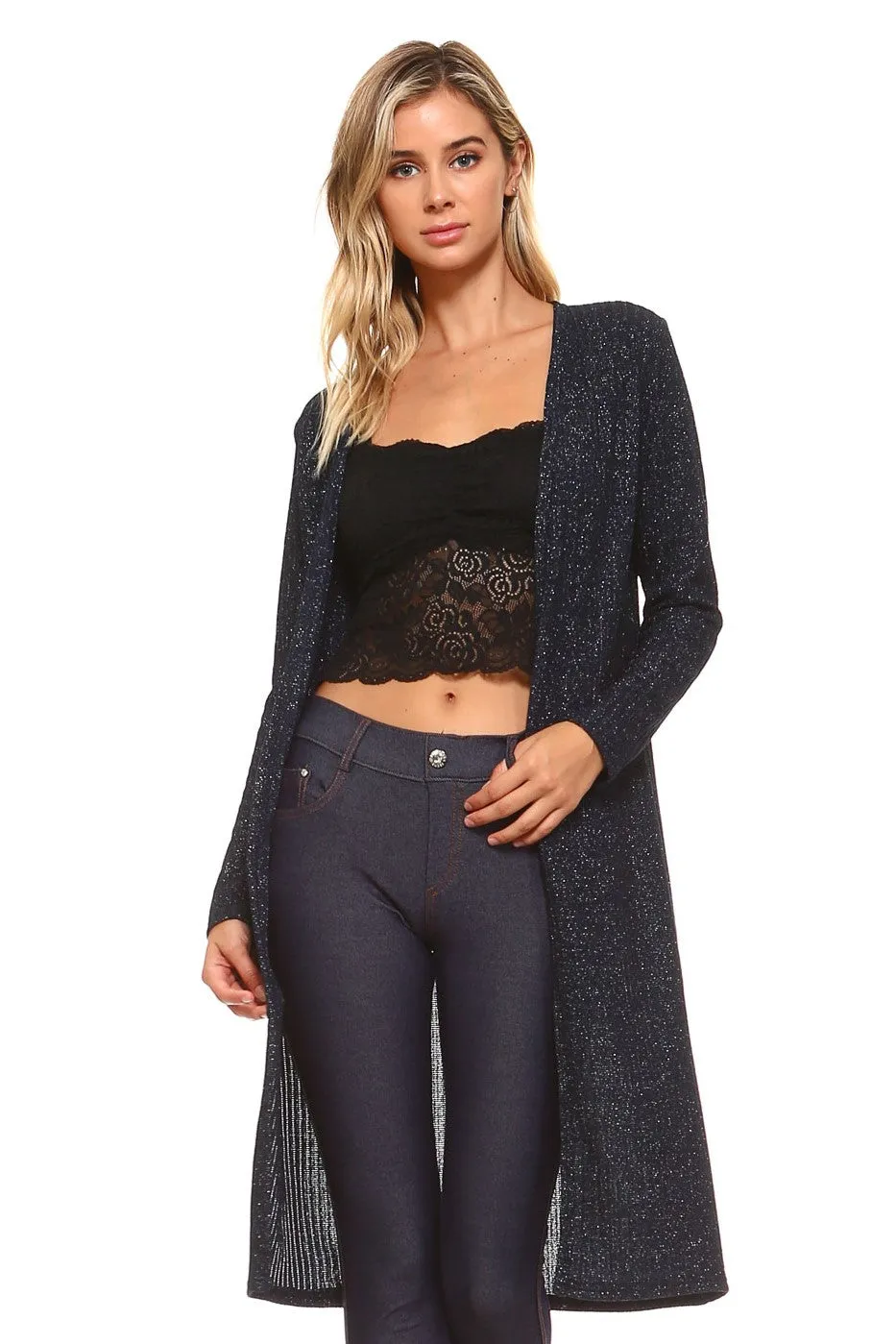 Shimmer Lurex Open-Front Ribbed Cardigan