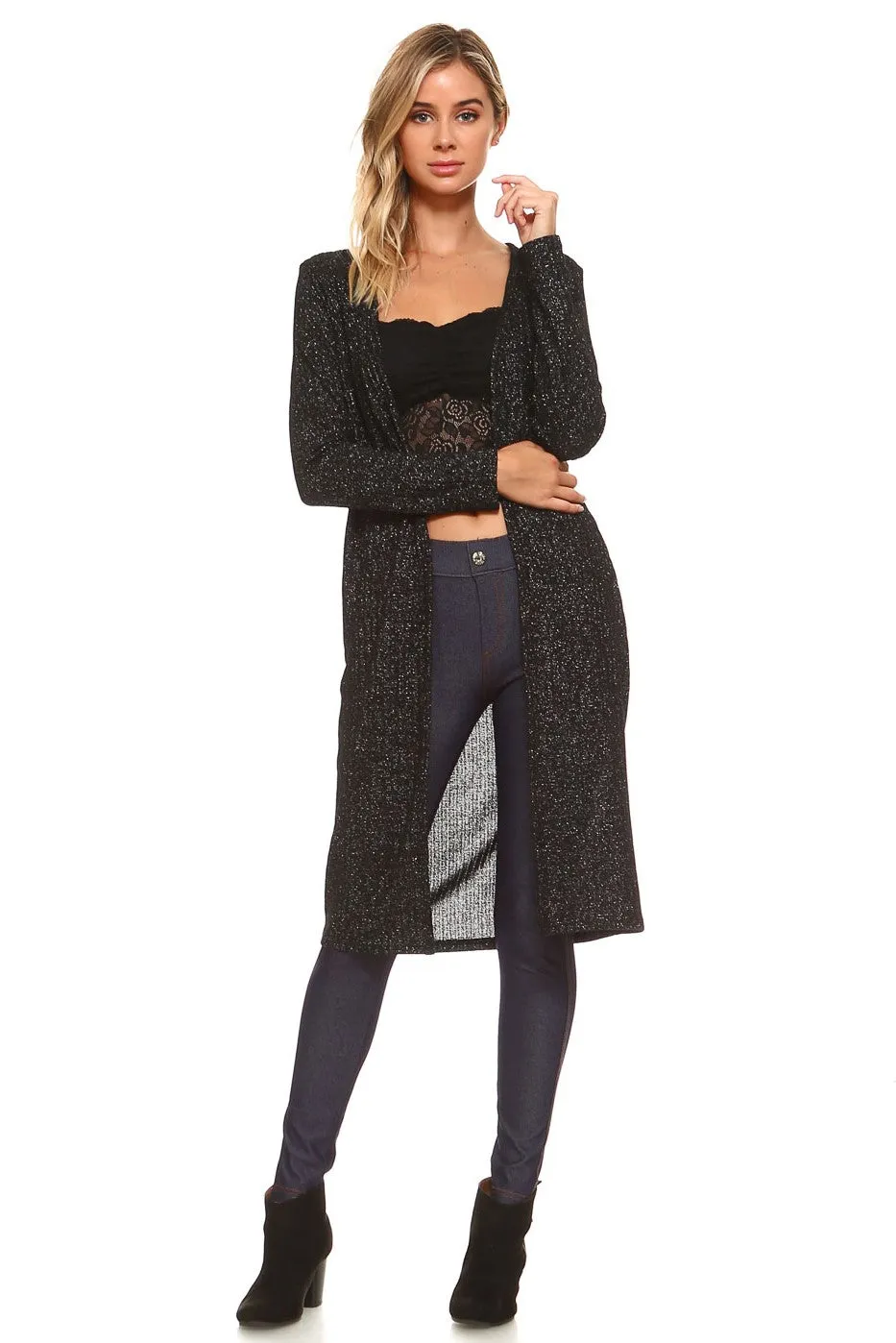 Shimmer Lurex Open-Front Ribbed Cardigan