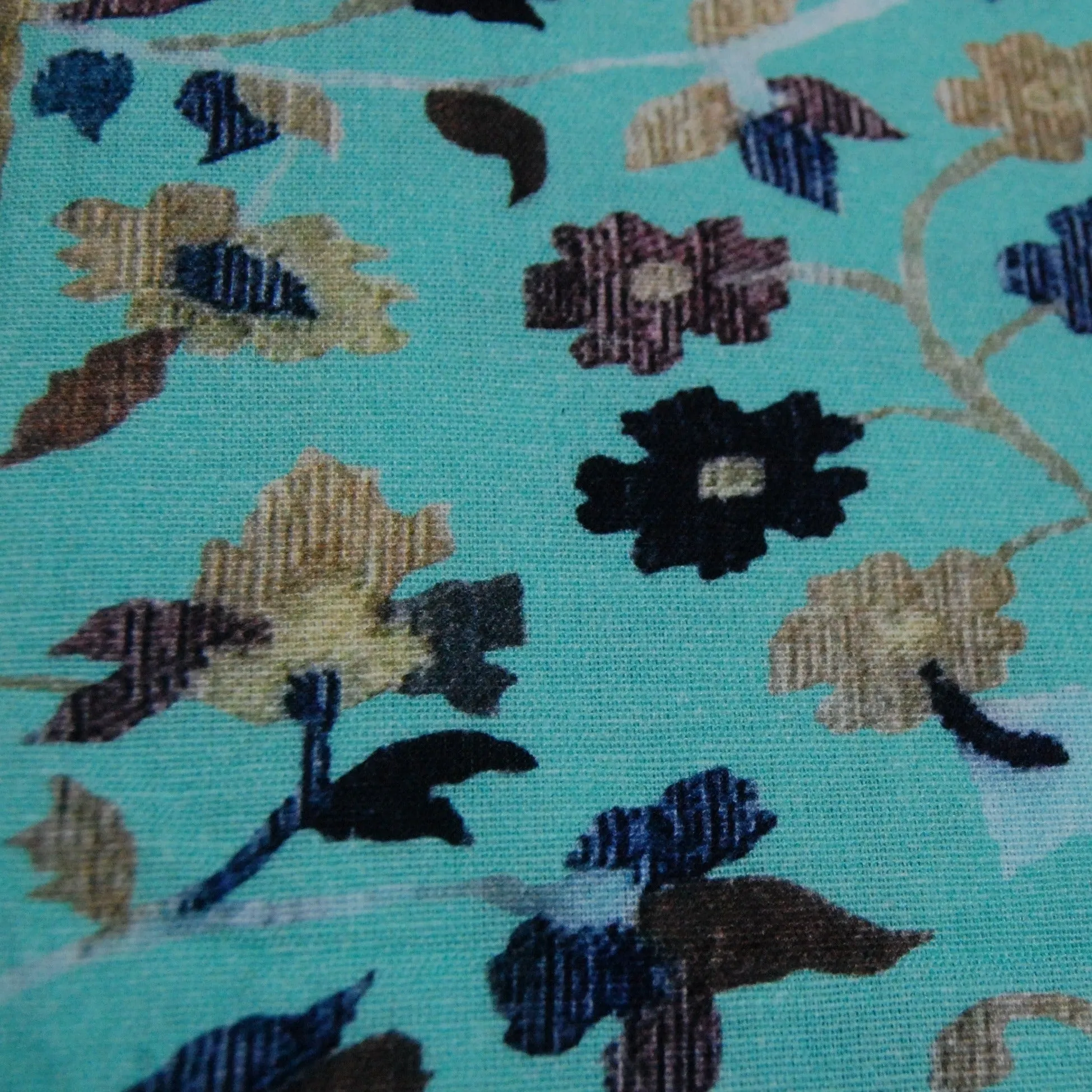 Sky Blue Floral Print Cotton Linen Fabric