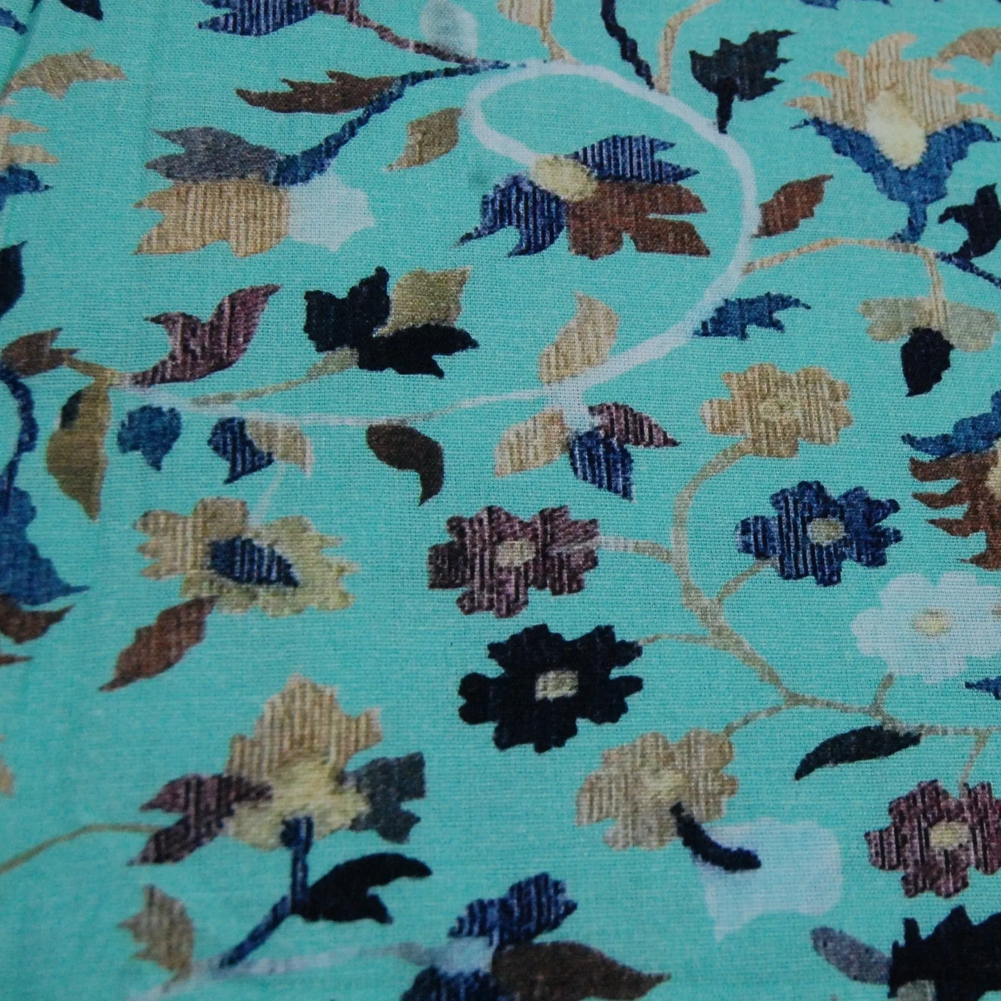 Sky Blue Floral Print Cotton Linen Fabric