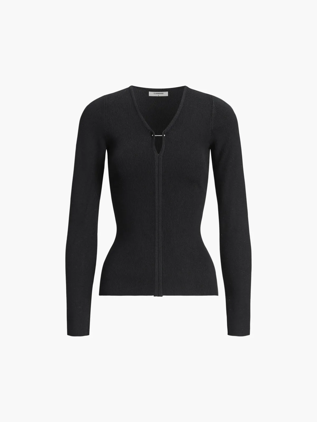 Slinky V-neck Metal Pin Modern Long Sleeve Knit Top