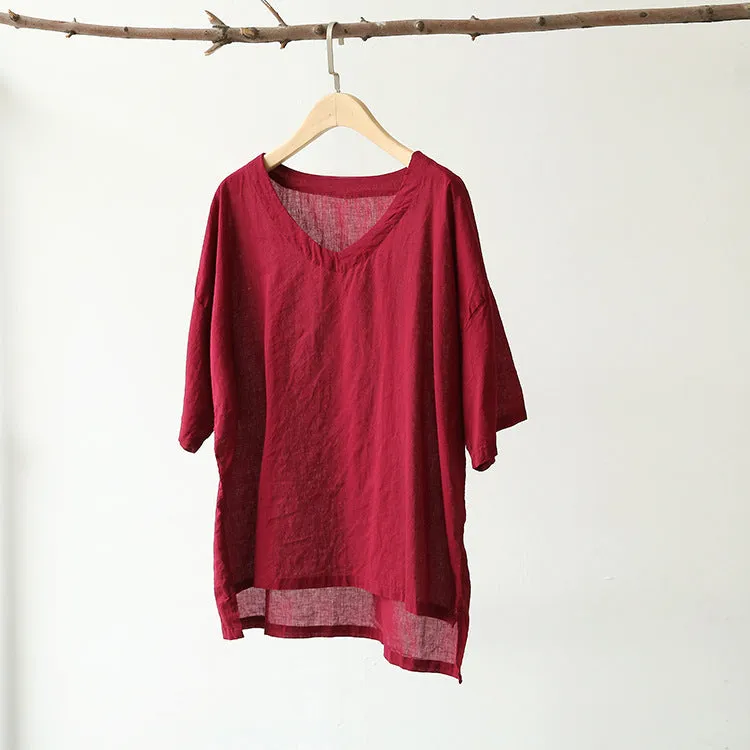 Summer Art Cotton Blend Blouse Plus Size Loose Solid Colored V-Neck Thin Breathable T-Shirt Blouse
