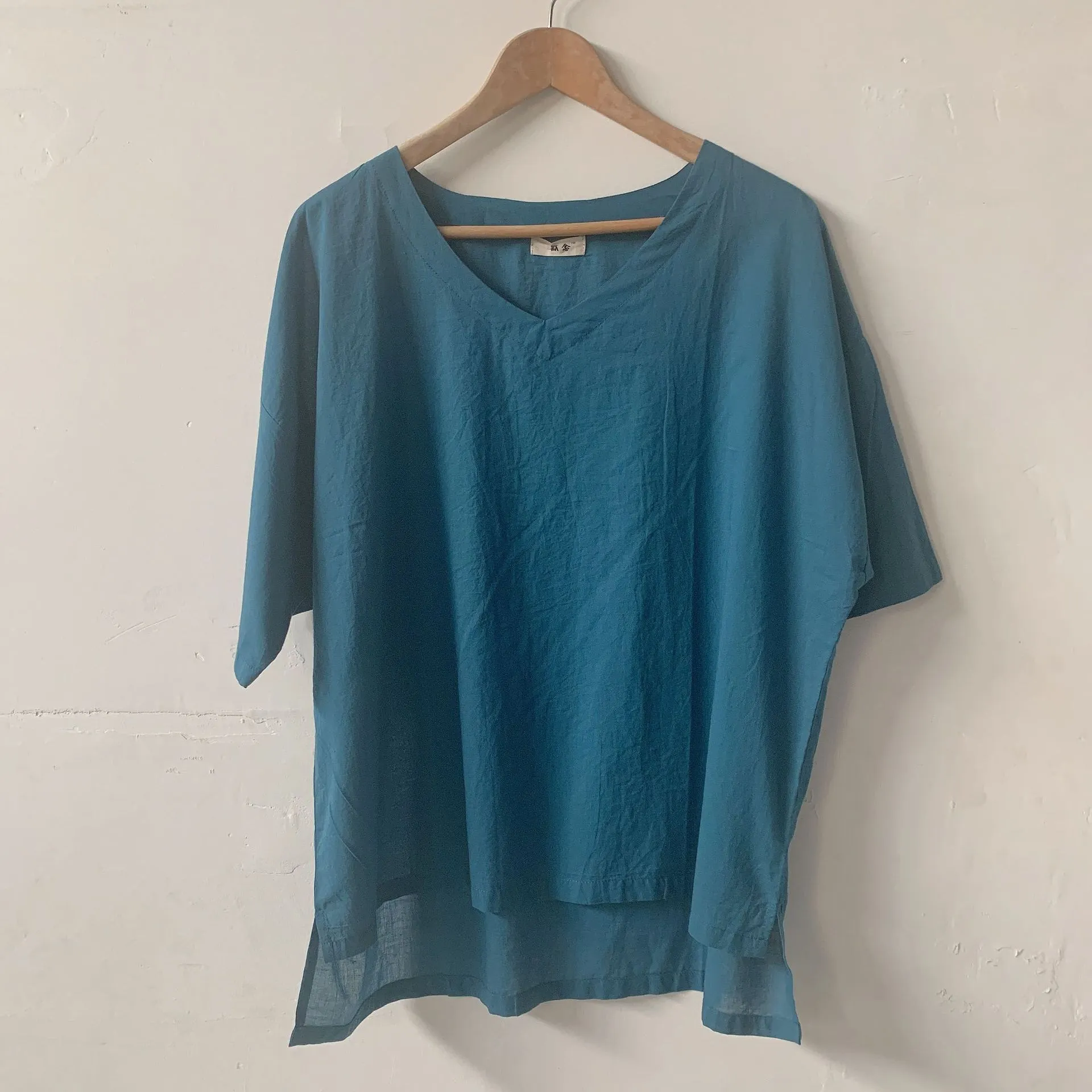 Summer Art Cotton Blend Blouse Plus Size Loose Solid Colored V-Neck Thin Breathable T-Shirt Blouse