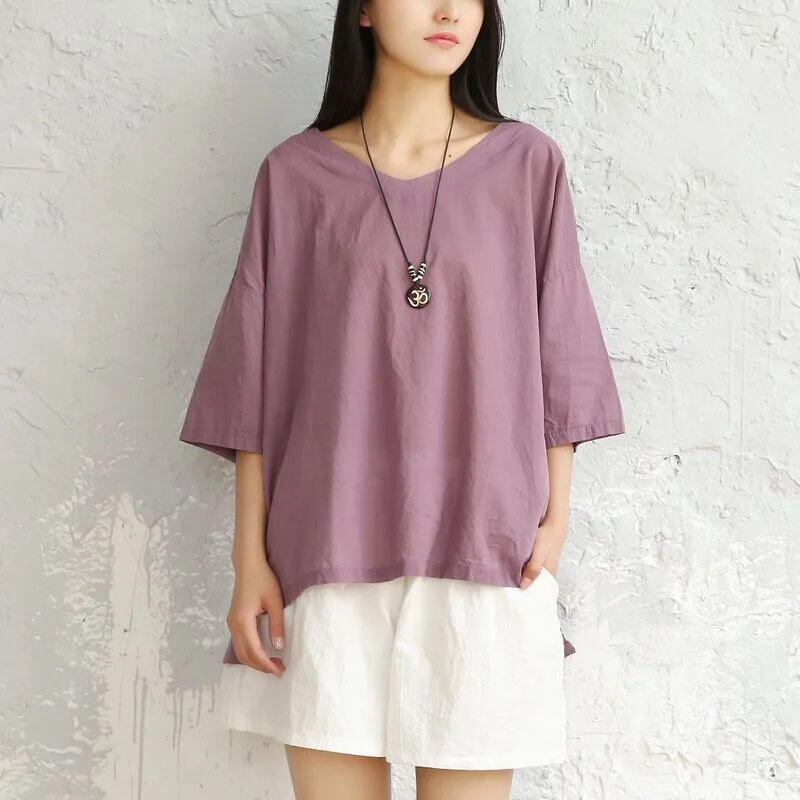 Summer Art Cotton Blend Blouse Plus Size Loose Solid Colored V-Neck Thin Breathable T-Shirt Blouse