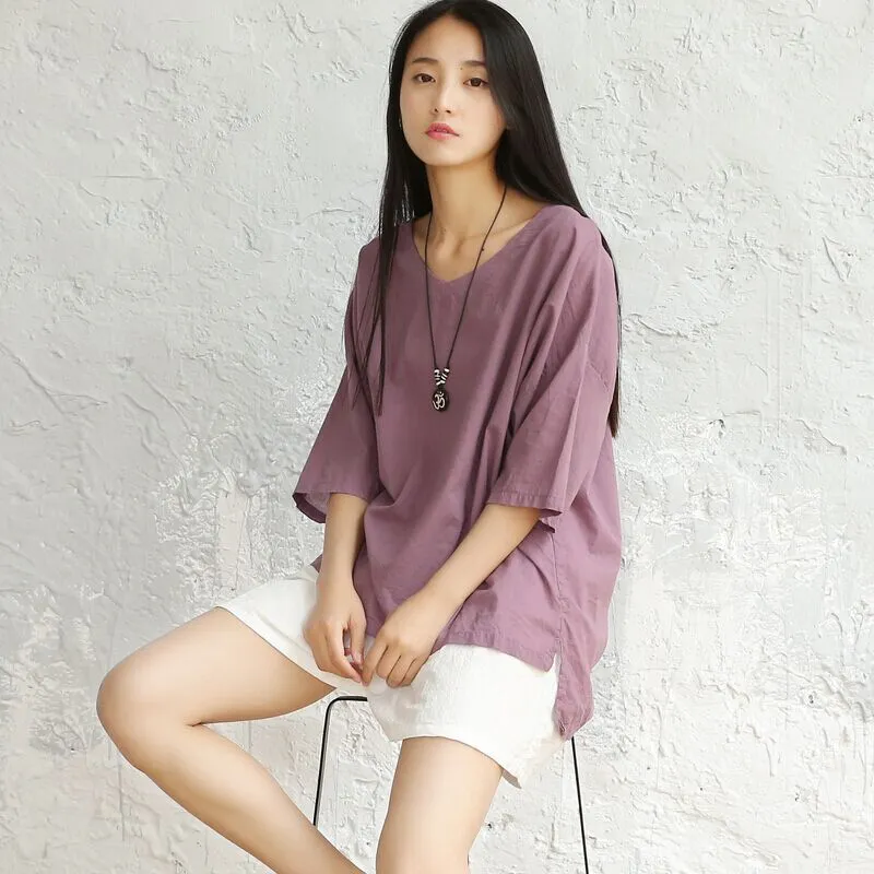 Summer Art Cotton Blend Blouse Plus Size Loose Solid Colored V-Neck Thin Breathable T-Shirt Blouse