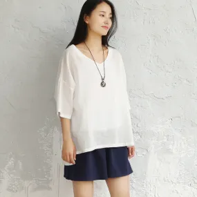 Summer Art Cotton Blend Blouse Plus Size Loose Solid Colored V-Neck Thin Breathable T-Shirt Blouse