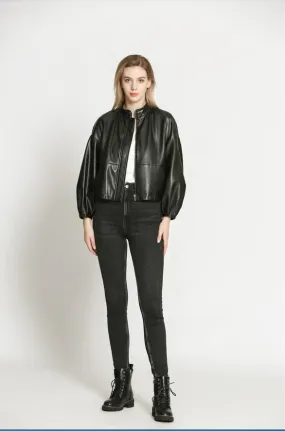 Vegan Leather Jacket with Balloon Sleeve
