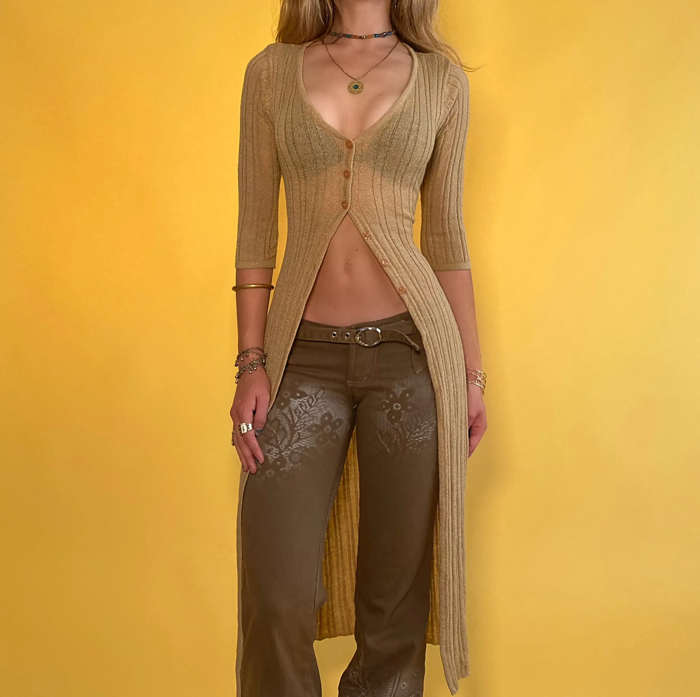 Vintage Soft Gold Long Knit Cardigan - Medium